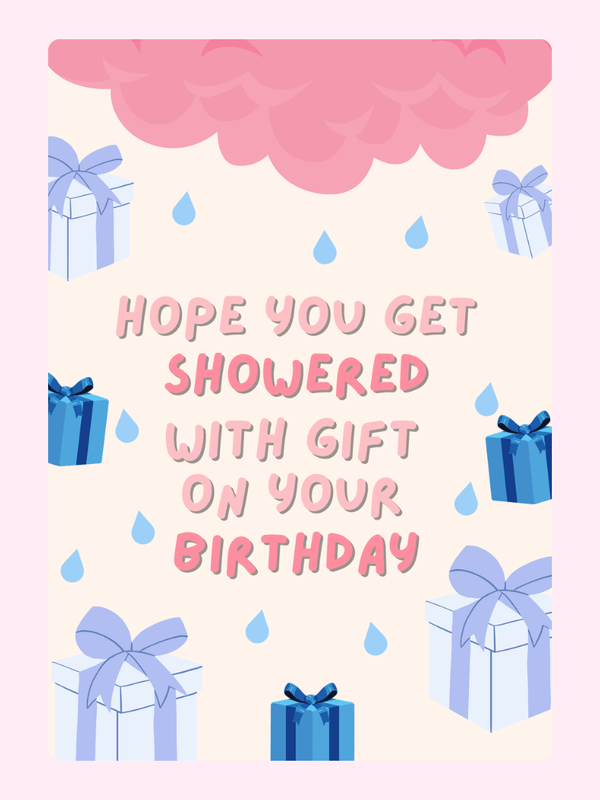 Cute birthday card with gift box illustrations, raindrop pattern and playful pink birthday message design