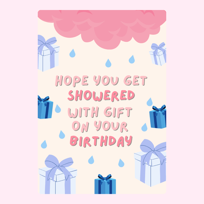 Cute birthday card with gift box illustrations, raindrop pattern and playful pink birthday message design