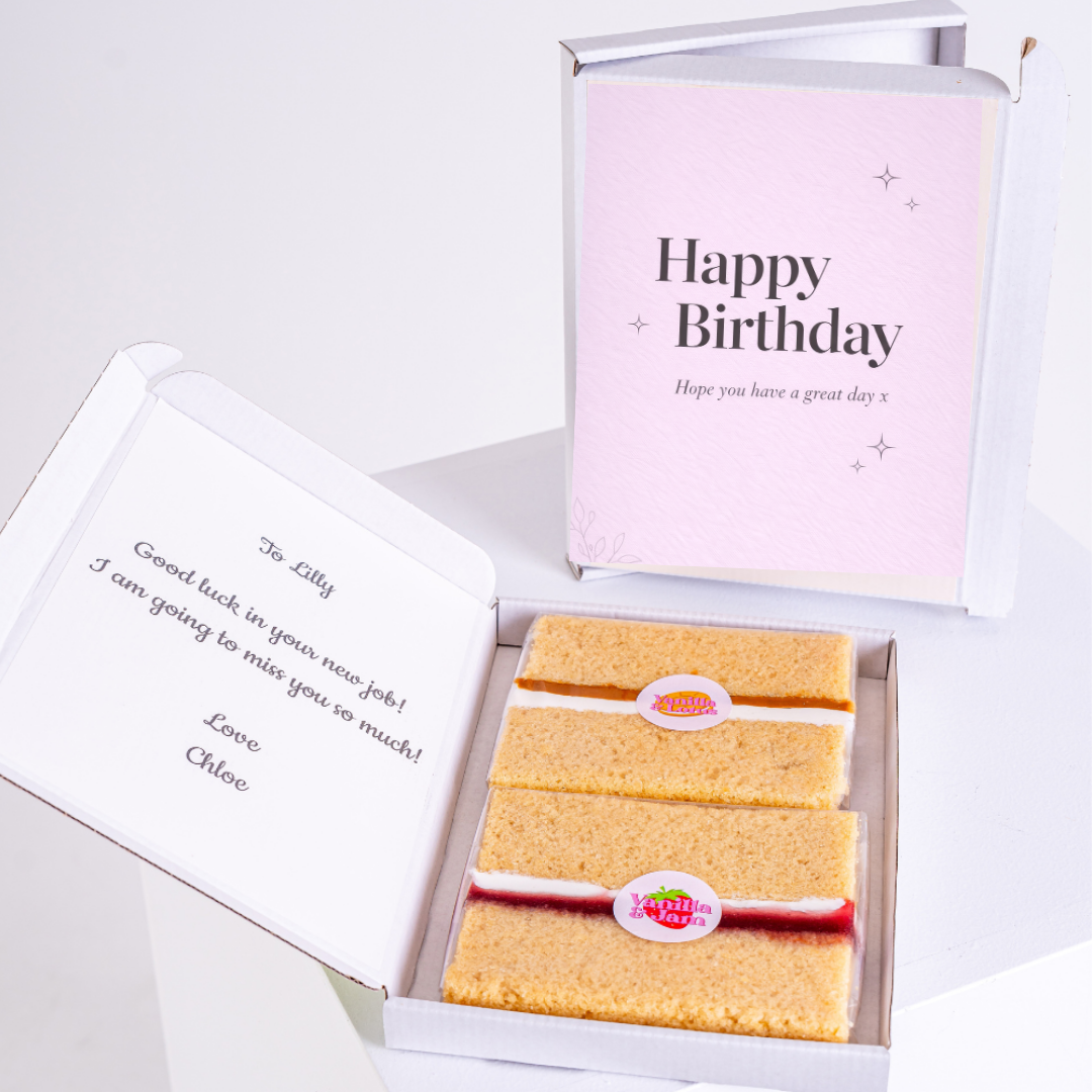 simple happy birthday cake card with gift box and slices