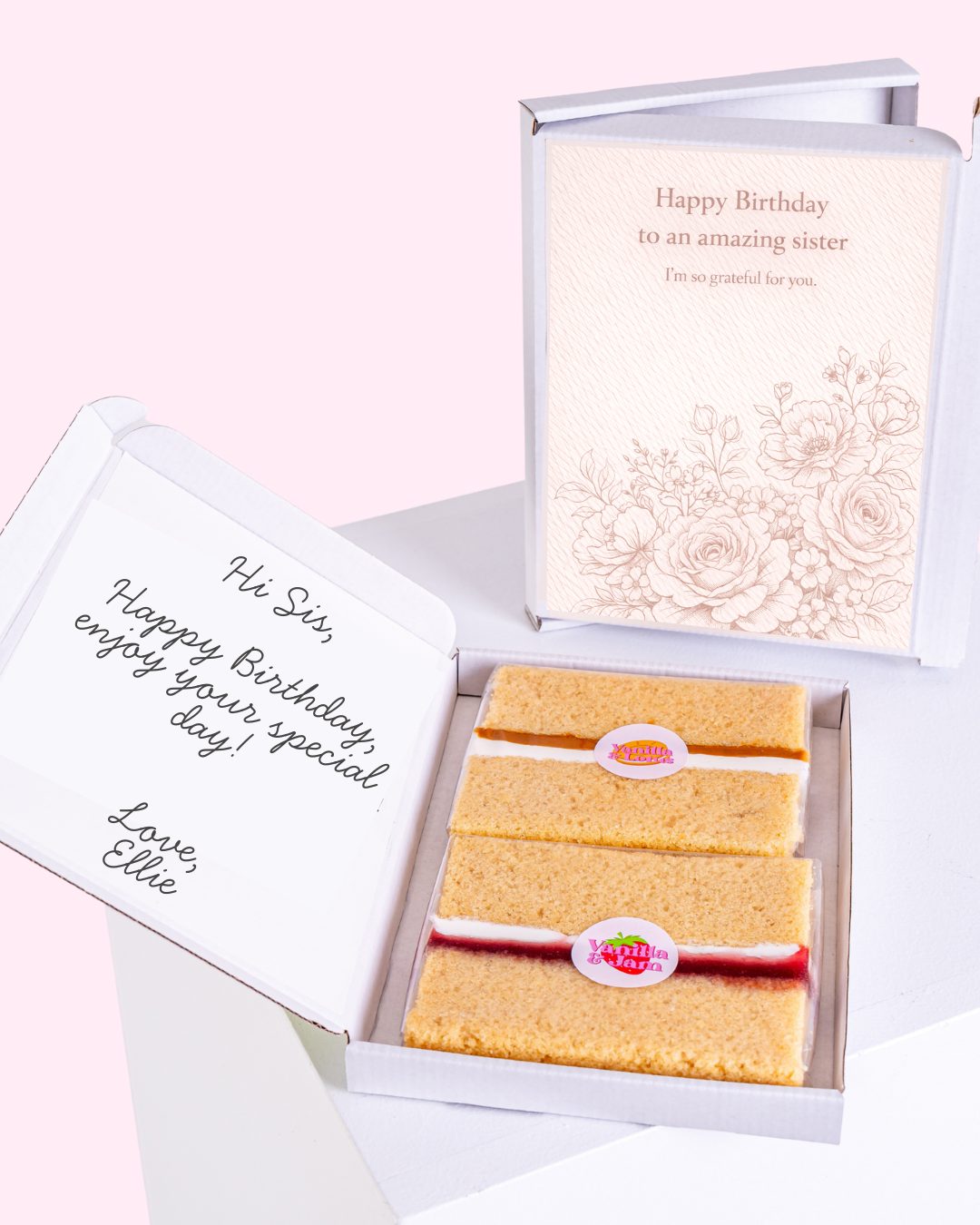 Birthday gift box for sister with cake slices and floral card