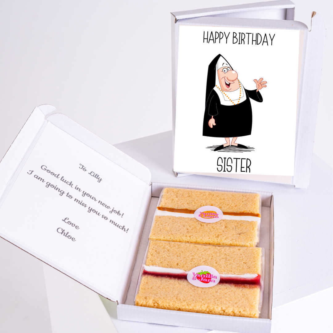 Birthday gift box for sister with cake slices and funny birthday card