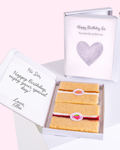 Birthday gift box for sister with cake slices and heart card