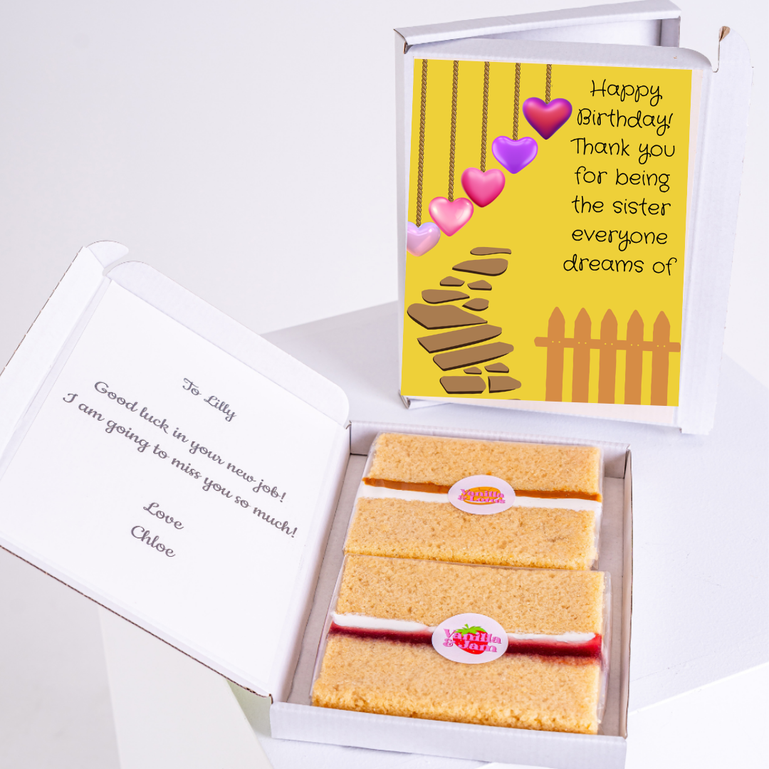 Birthday gift box for sister with cake slices and heart card design