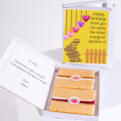 Birthday gift box for sister with cake slices and heart card design