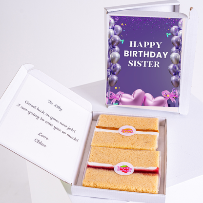 Birthday gift box for sister with cake slices and purple balloon card
