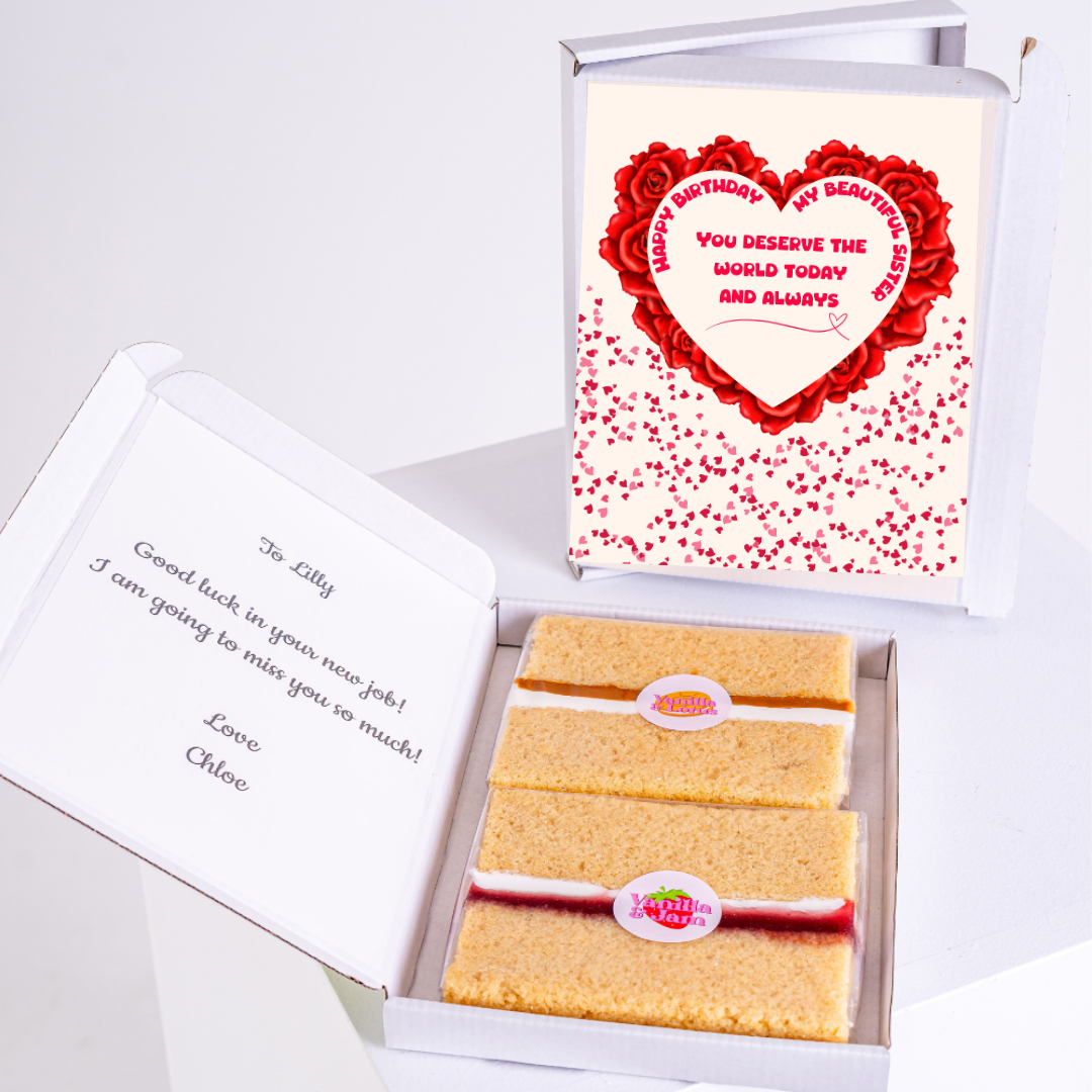 Birthday gift box for sister with cake slices and rose heart card