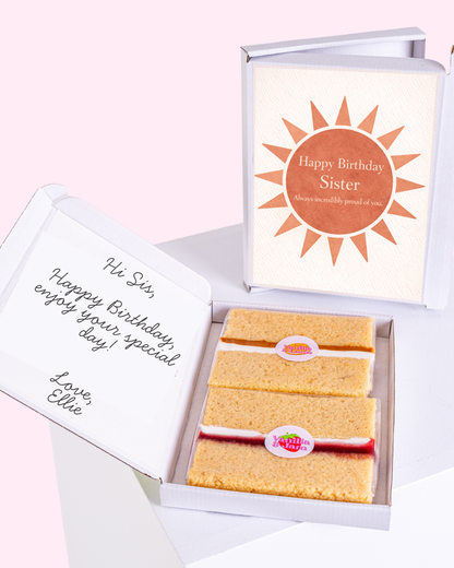 Birthday gift box for sister with cake slices and sun card