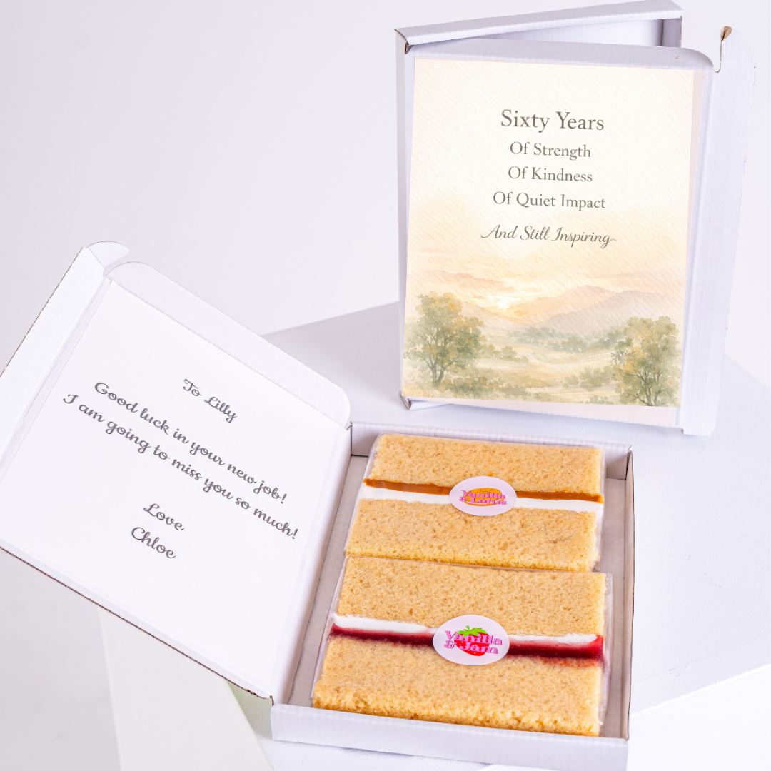 sixty years birthday letterbox cake card with personalised message and sponge cake slices