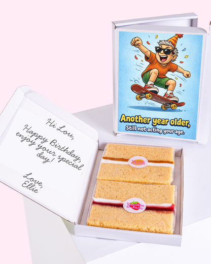 Birthday cake slice gift box with funny skateboard card saying another year older still not acting your age