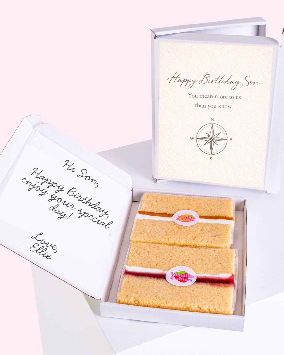 son birthday cake card with compass design and letterbox cake