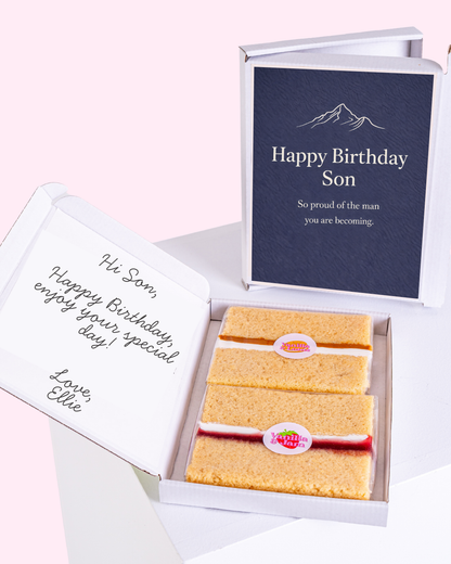 son birthday cake card with mountain design and letterbox cake