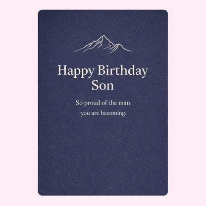 happy birthday son card with mountain illustration