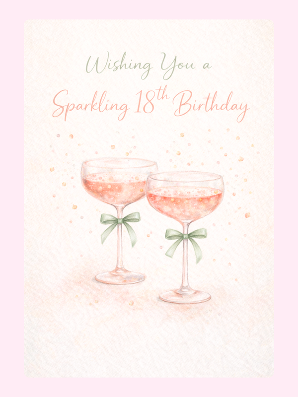 Elegant 18th birthday card with champagne glasses and sparkling celebration design