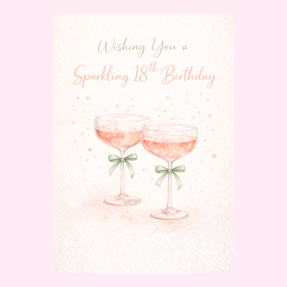 Elegant 18th birthday card with champagne glasses and sparkling celebration design