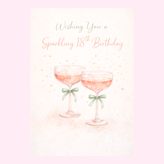 Elegant 18th birthday card with champagne glasses and sparkling celebration design