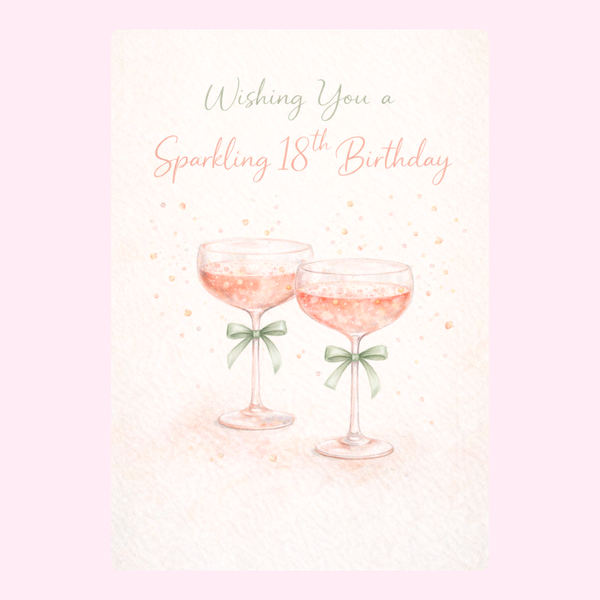 Elegant 18th birthday card with champagne glasses and sparkling celebration design