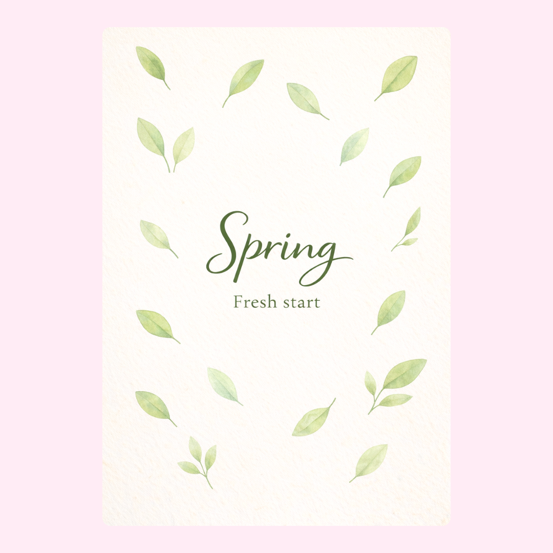 Minimal spring greeting card with delicate green leaves and elegant Spring Fresh Start typography