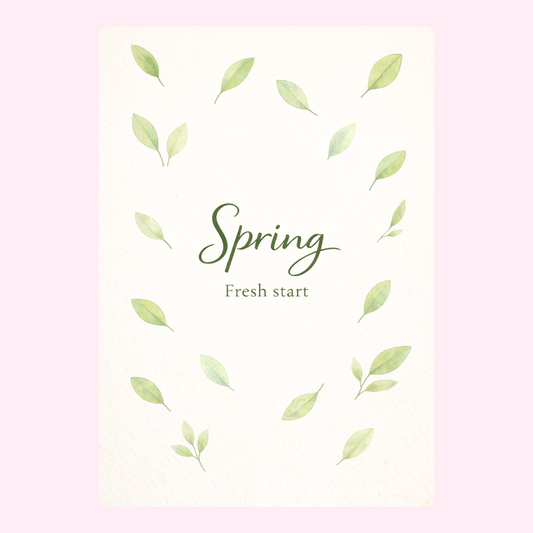 Minimal spring greeting card with delicate green leaves and elegant Spring Fresh Start typography