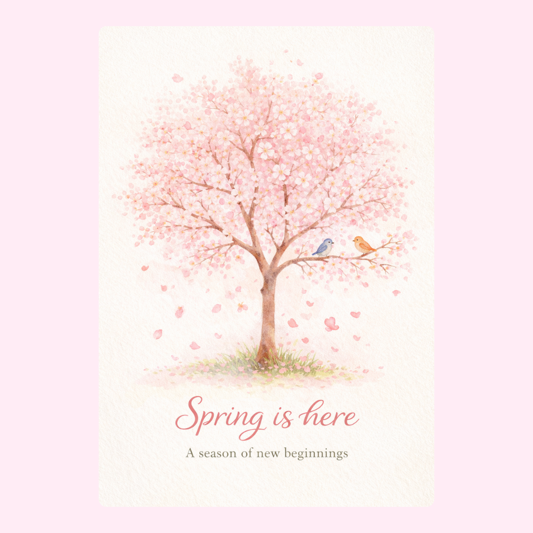 Watercolour spring greeting card featuring pink blossom tree, birds and Spring Is Here A Season of New Beginnings quote