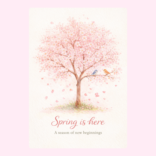 Watercolour spring greeting card featuring pink blossom tree, birds and Spring Is Here A Season of New Beginnings quote