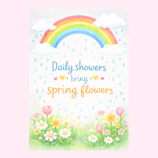 Watercolour spring greeting card with rainbow, flowers and Daily Showers Bring Spring Flowers quote