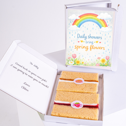 Spring themed cake gift box with rainbow, raindrops and colourful floral Daily Showers Bring Spring Flowers design