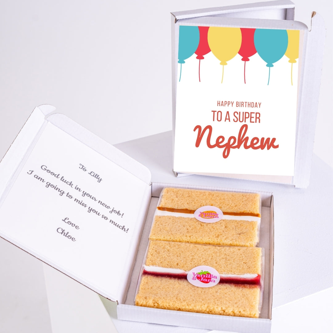 Happy birthday super nephew letterbox cake gift with colourful balloon design