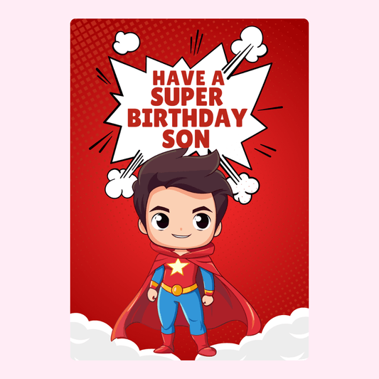 super birthday son card with superhero illustration