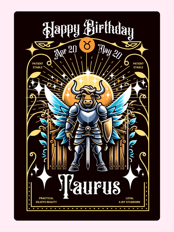 Taurus birthday card with fantasy angel warrior illustration