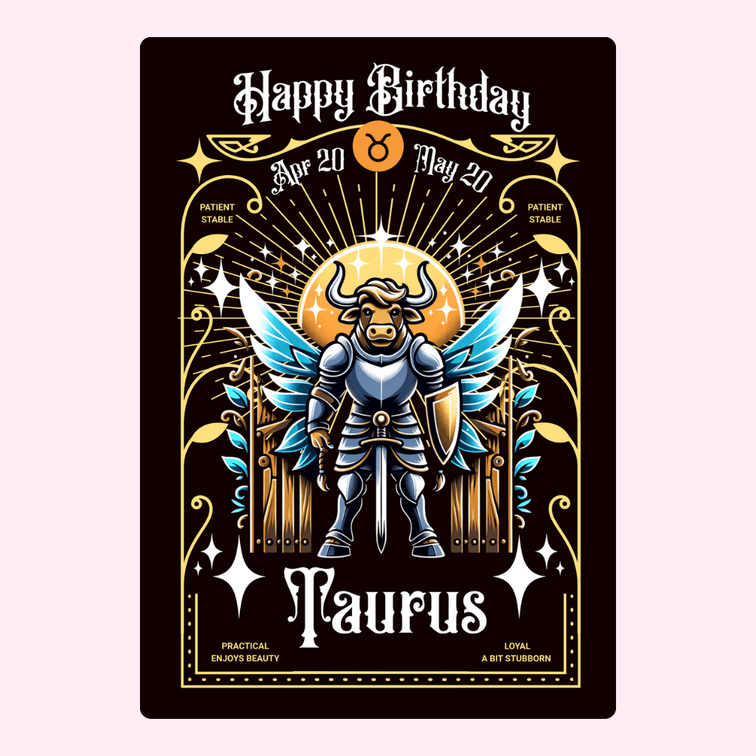 Taurus birthday card with fantasy angel warrior illustration
