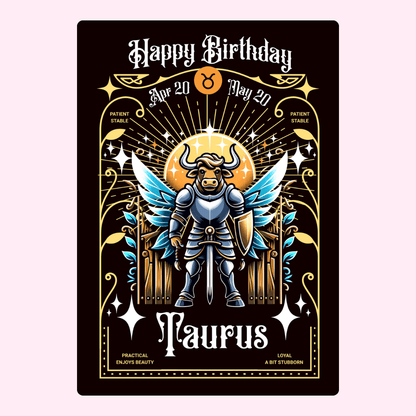 Taurus birthday card with fantasy angel warrior illustration