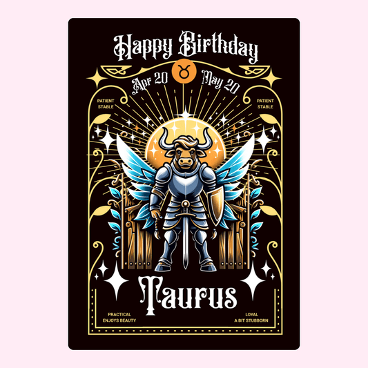 Taurus birthday card with fantasy angel warrior illustration