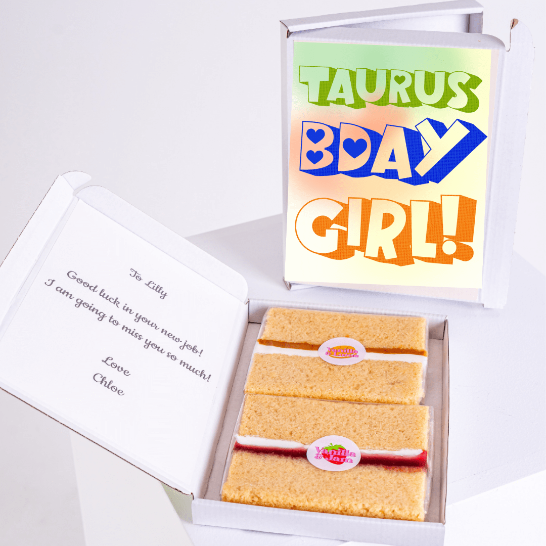 Taurus birthday cake gift box with colourful girl typography