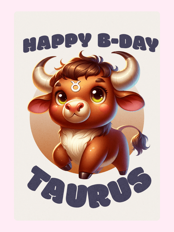Cute Taurus birthday card with cartoon bull illustration