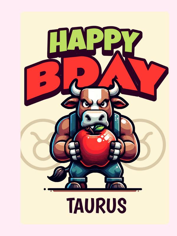 Taurus happy birthday card with cartoon bull illustration