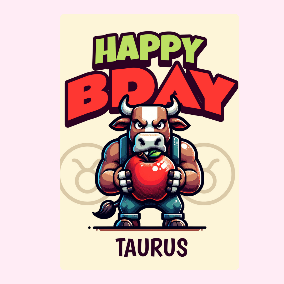 Taurus happy birthday card with cartoon bull illustration