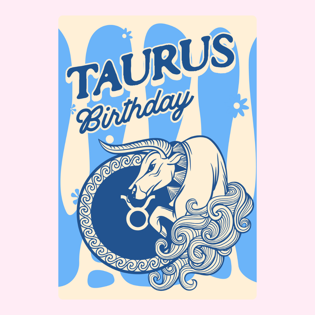 Vintage Taurus birthday card with zodiac bull illustration