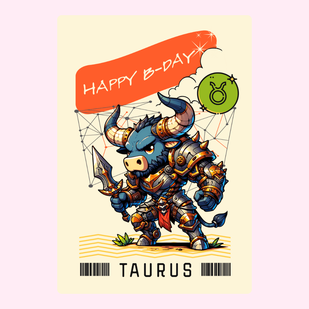 Taurus birthday card design with fantasy bull warrior