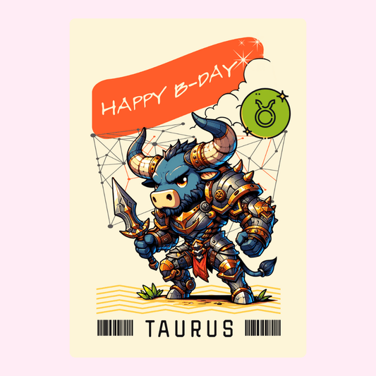 Taurus birthday card design with fantasy bull warrior