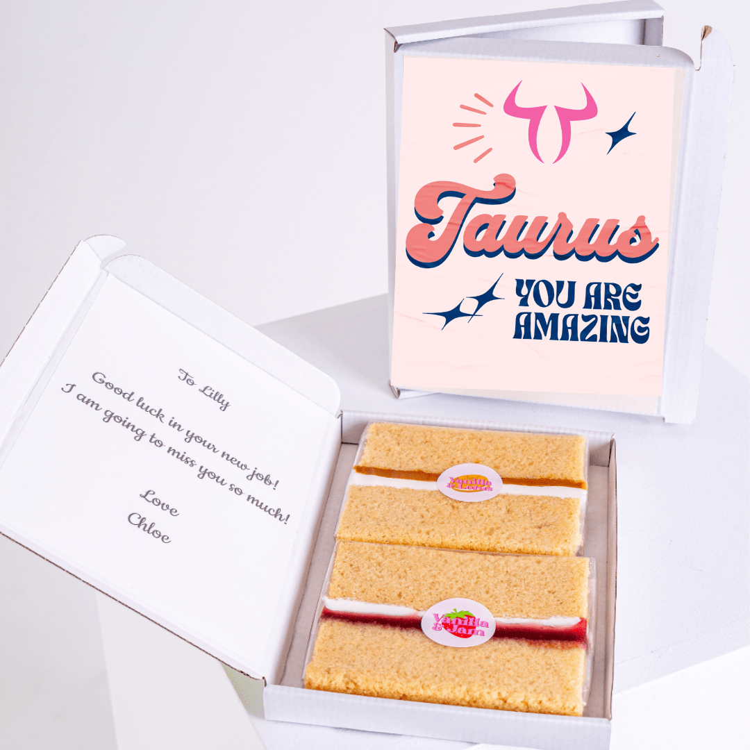 Taurus birthday cake gift box with retro typography design