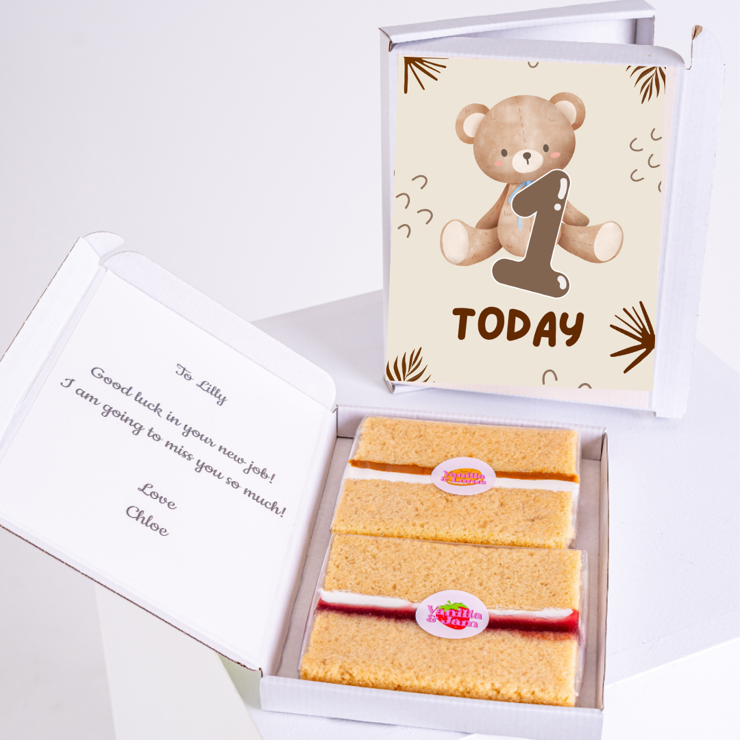 Personalised 1st birthday cake letterbox gift with teddy bear card