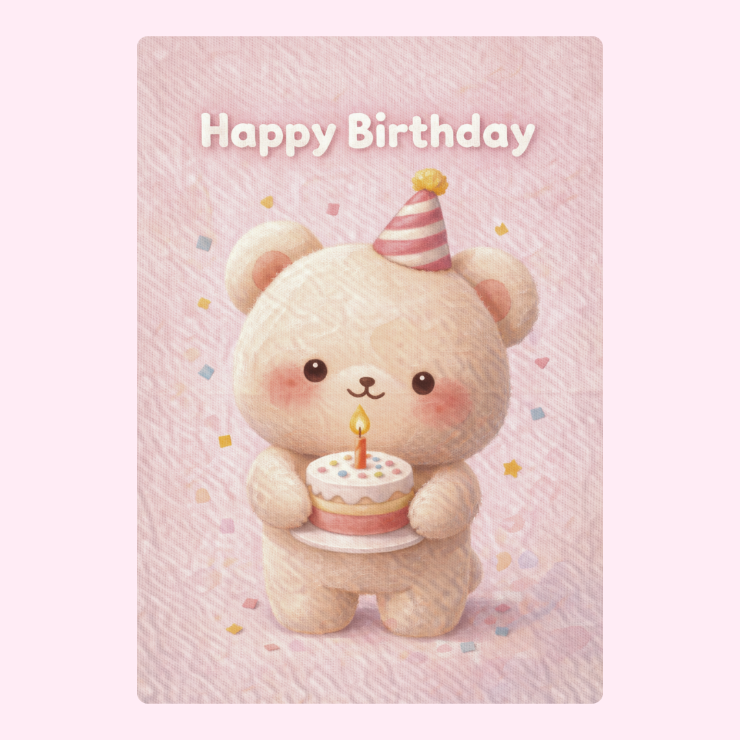 Happy birthday card with teddy bear holding cake