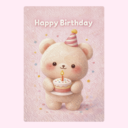 Happy birthday card with teddy bear holding cake