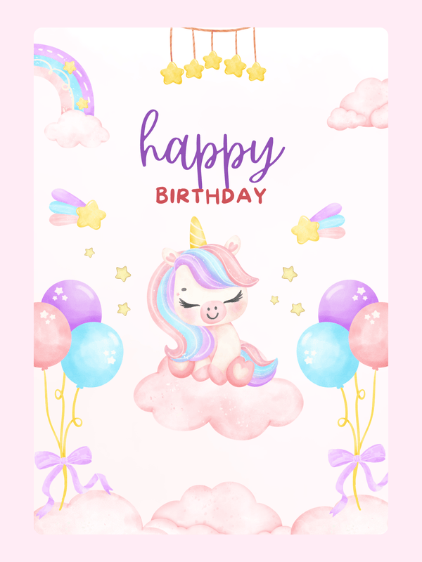 cute unicorn birthday card with pastel rainbow, balloons and stars, kawaii unicorn sitting on cloud with happy birthday text for kids