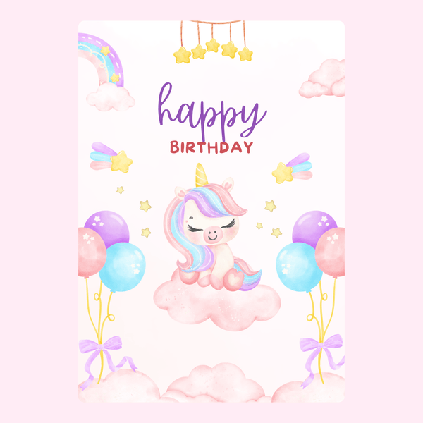 cute unicorn birthday card with pastel rainbow, balloons and stars, kawaii unicorn sitting on cloud with happy birthday text for kids