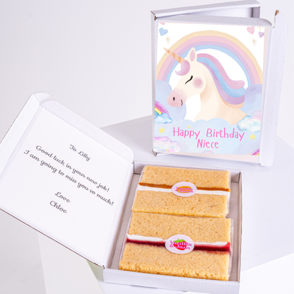 Unicorn birthday letterbox cake gift for niece with pastel rainbow and clouds