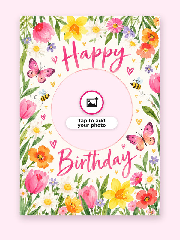 Watercolour Flowers Birthday Cake Card with a space for your own photo