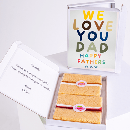Father's Day gift box featuring colourful 'We Love You Dad' cake card with cheerful lettering