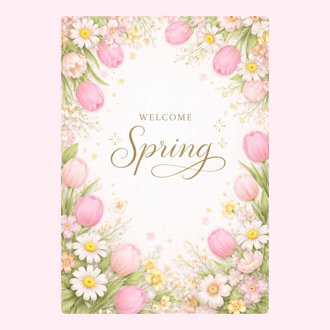 Watercolour spring greeting card with pink tulips, soft flowers and elegant Welcome Spring message