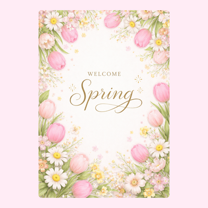 Watercolour spring greeting card with pink tulips, soft flowers and elegant Welcome Spring message